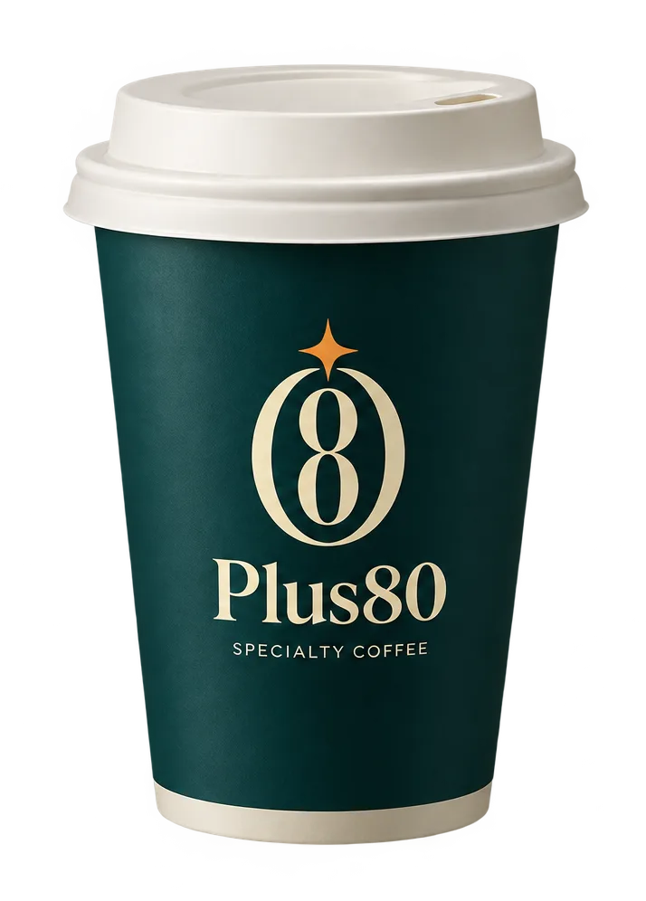 A Plus 80 coffee cup with its lid on